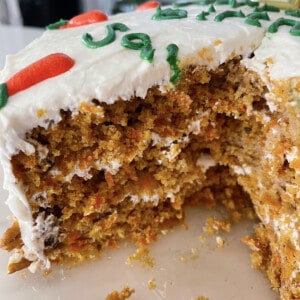 Three layer carrot cake with cream cheese frosting.