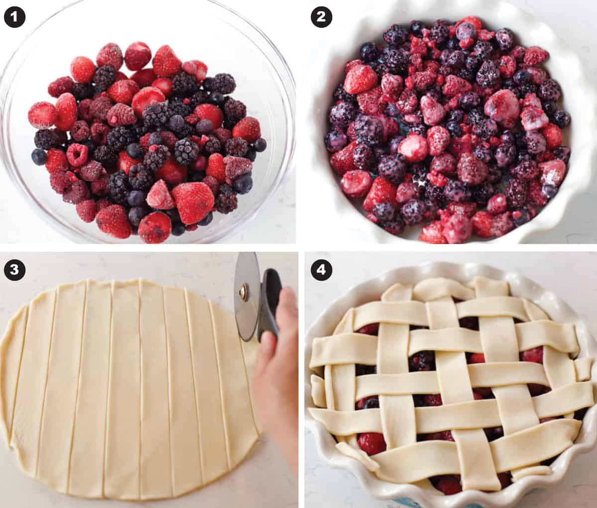 Photos showing the four steps on how to make mixed berries and blueberry cobbler.