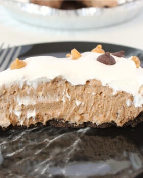 Slice of no bake chocolate pie.