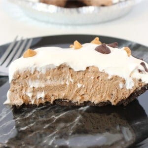 Slice of no bake chocolate pie.