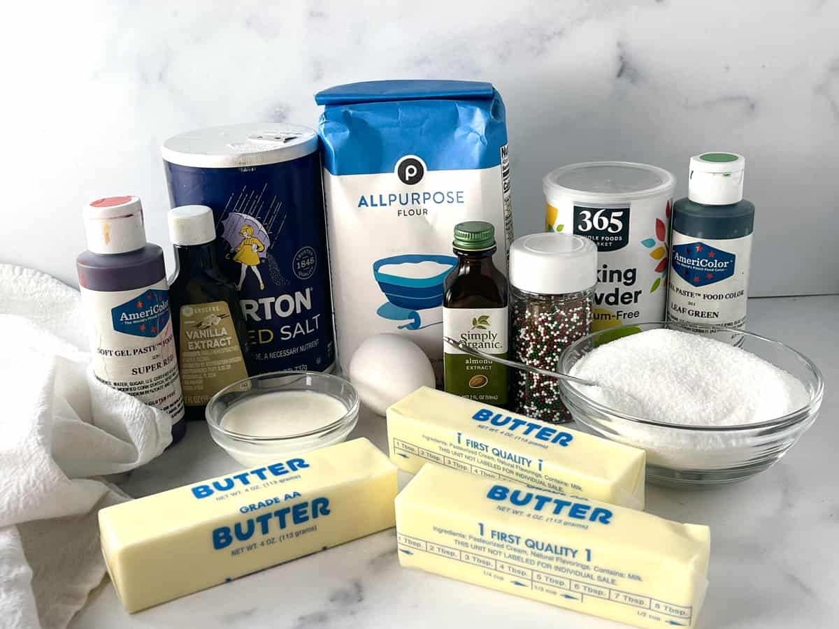 Spritz cookie ingredients sitting on the kitchen counter.