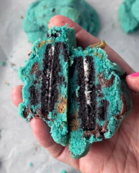 Cookie monster cookie with Oreo in the middle.