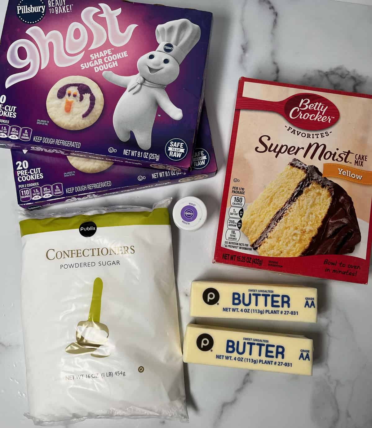 Ingredients needed to make Pillsbury Halloween cookie dough cupcakes.