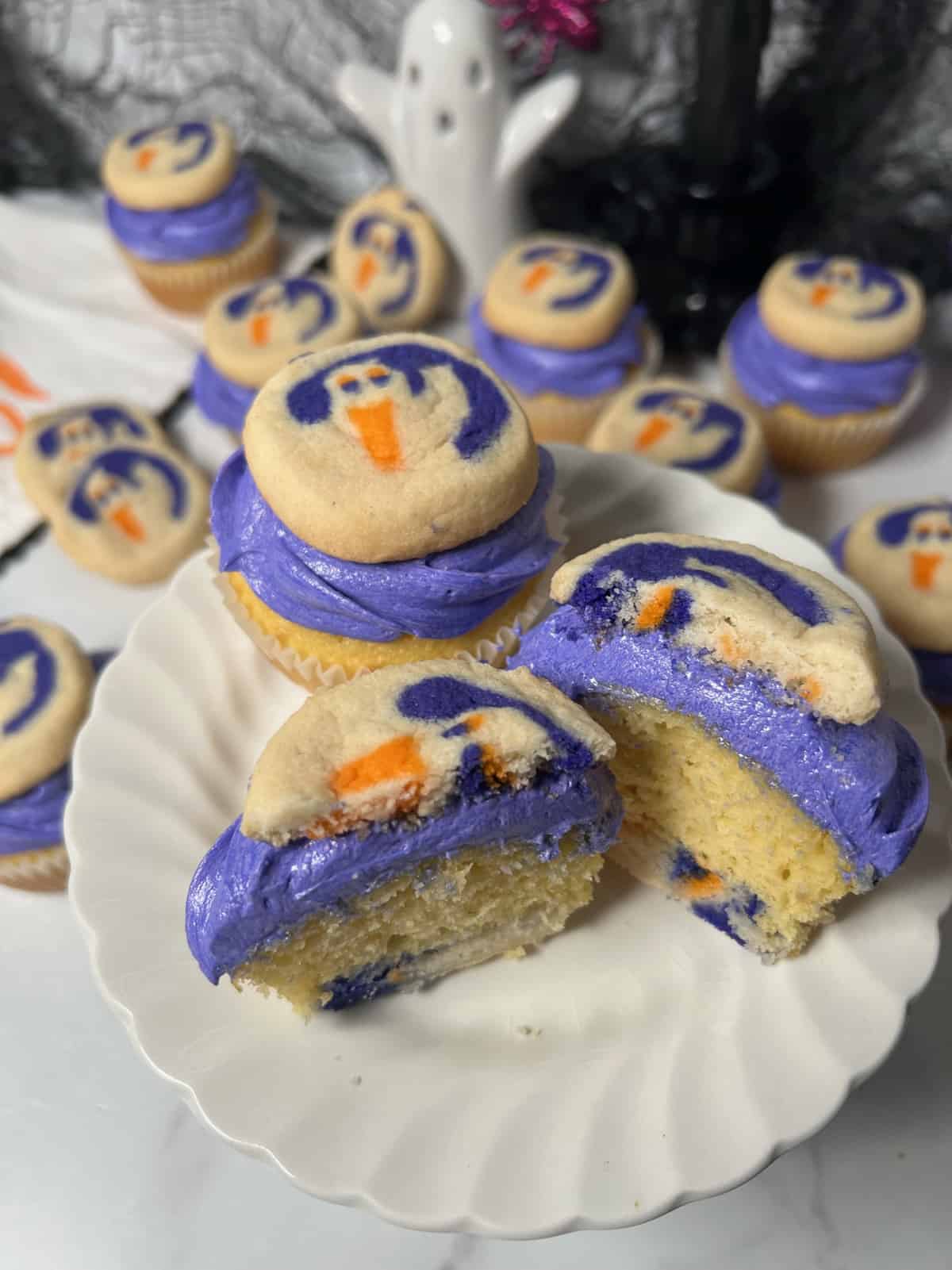 Stack of cute Pillsbury Halloween cookie cupcakes.