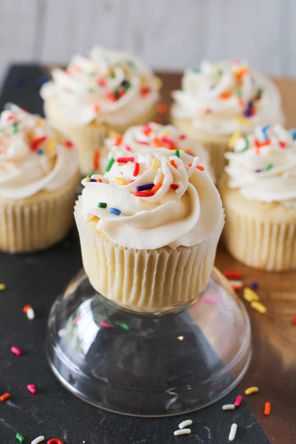 Decorated vanilla cupcakes.