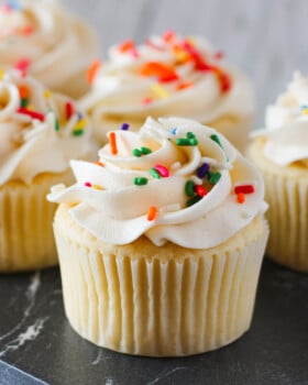 Homemade vanilla buttercream cupcake.