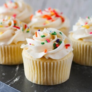 Homemade vanilla buttercream cupcake.