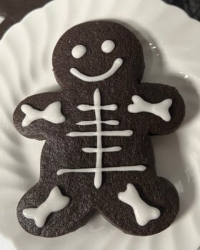 Black cocoa Halloween skeleton cut out cookie.