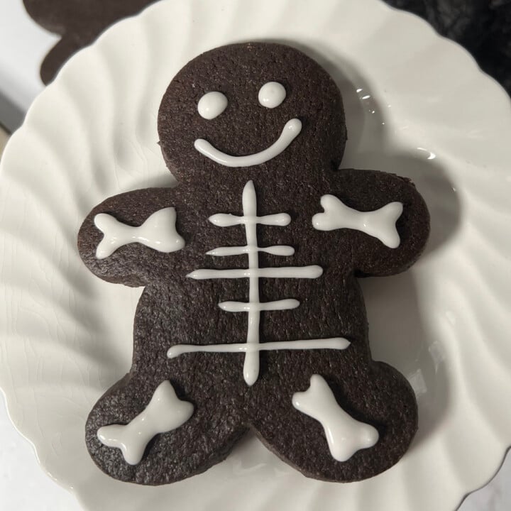 Black cocoa Halloween skeleton cut out cookie.