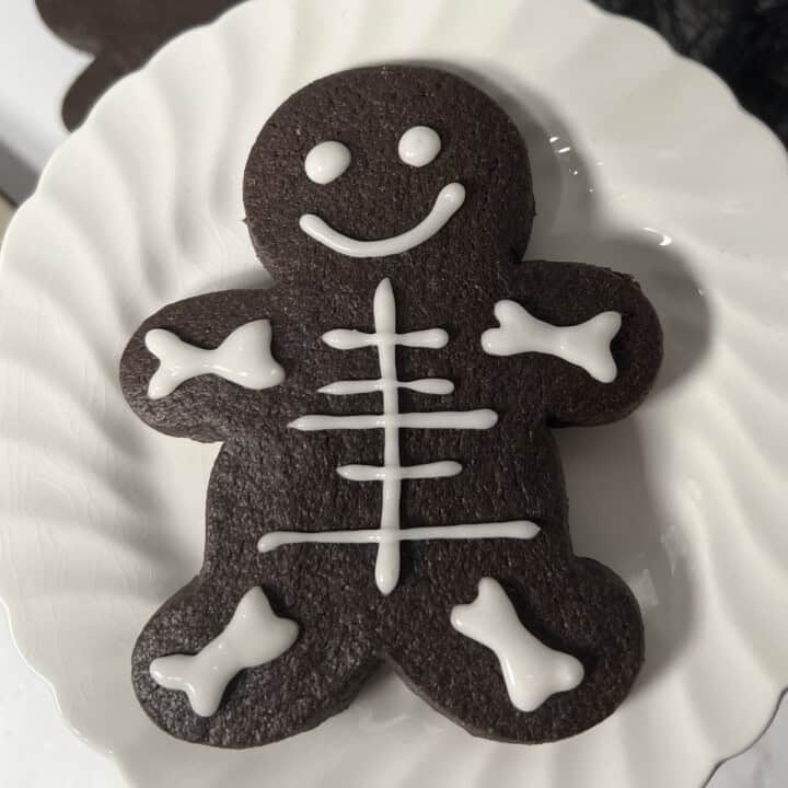 Black cocoa Halloween skeleton cut out cookie.