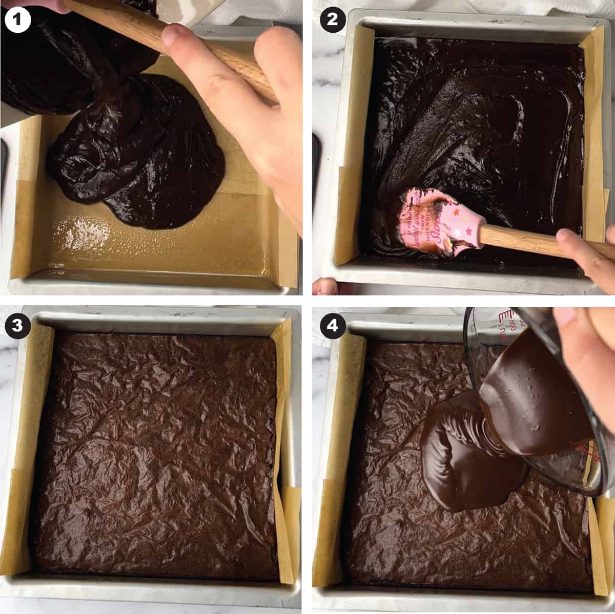 Four photos show step by step how to make brownies with chocolate ganache frosting.