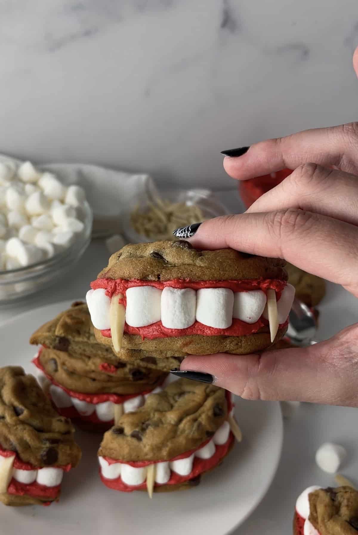Chocolate chip cookie vampire teeth.