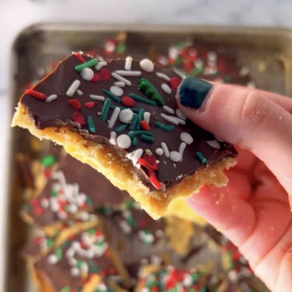 Christmas crack cookies on a tray.