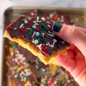 Christmas crack cookies on a tray.