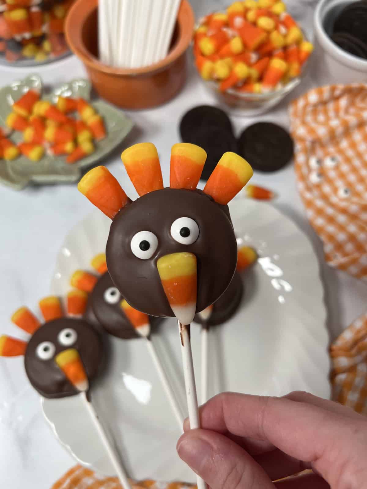 Oreo Turkeys on a popsicle stick.