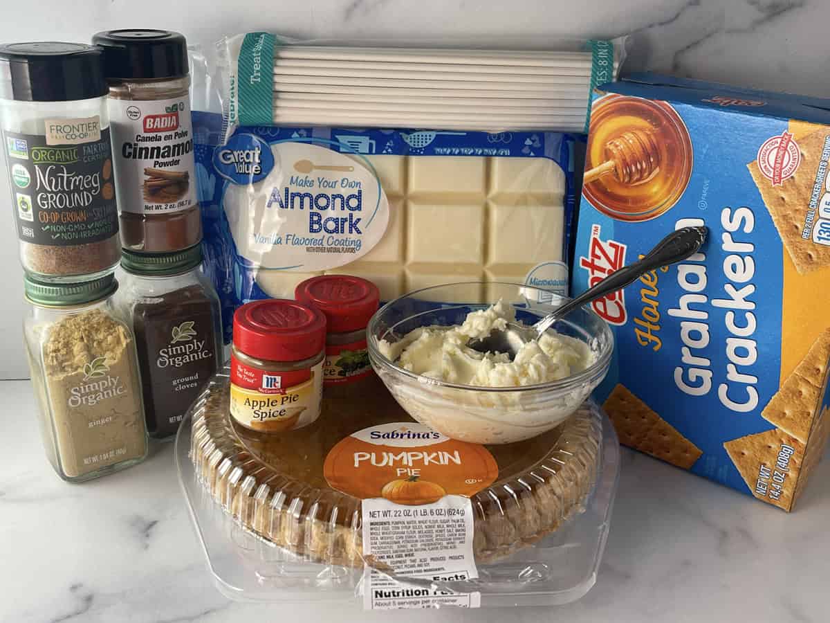 Ingredients needed to make pumpkin pie cake pops.