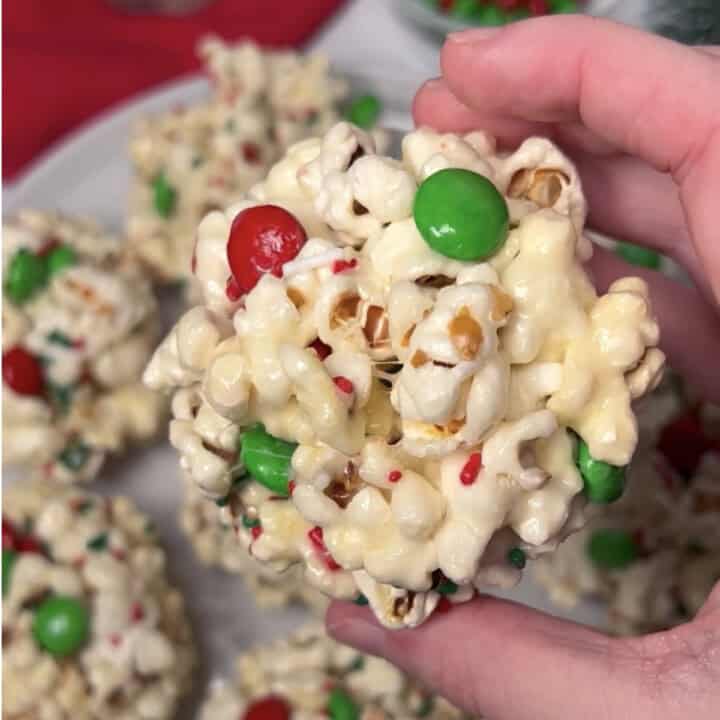 Popcorn balls with red and green m and m candies.