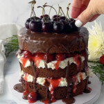 Easy black forest cake with fresh cherries on top.
