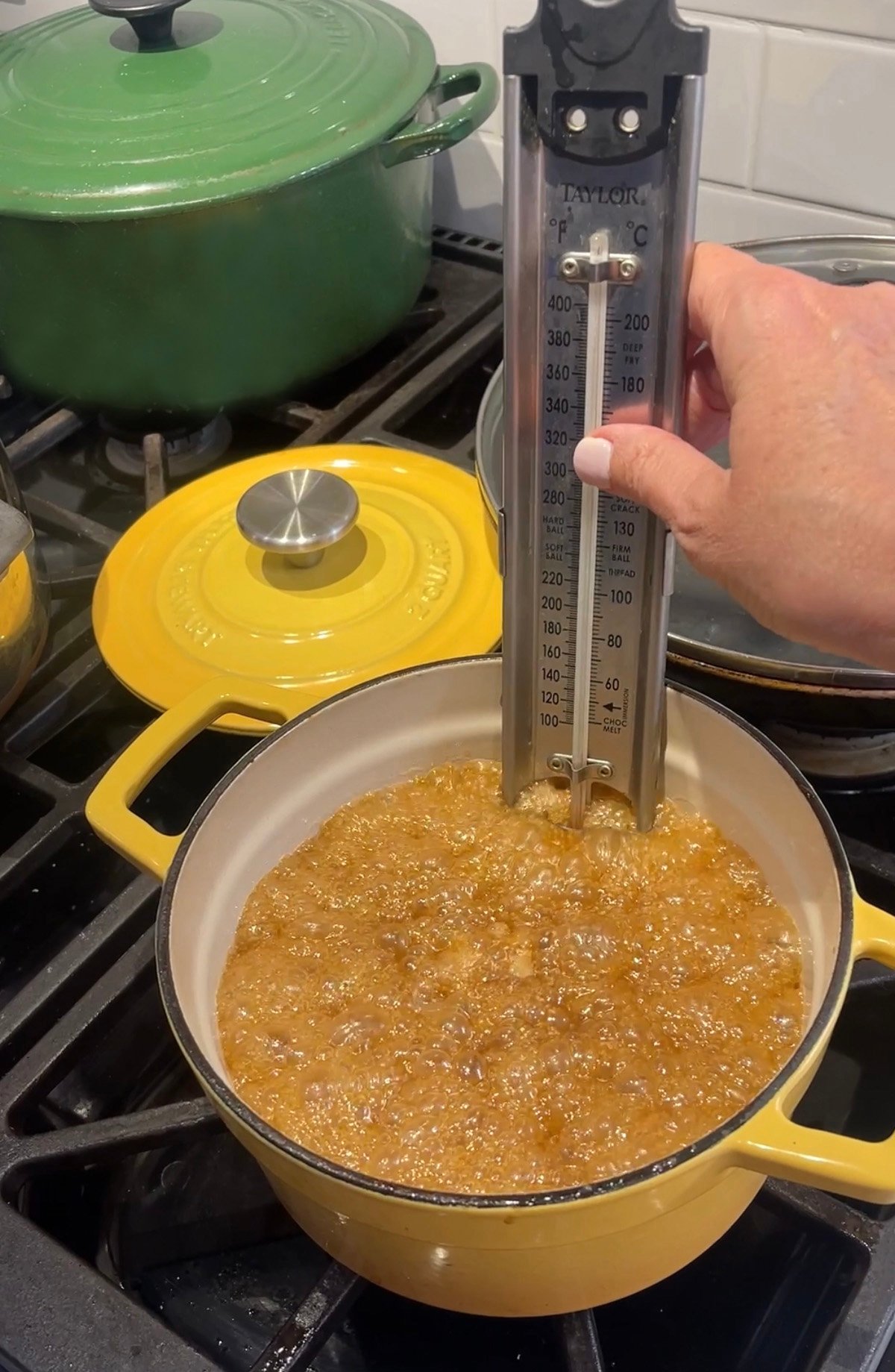 Boiling toffee candy on the stove.