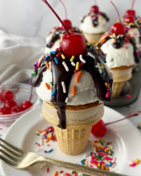 Sundae cupcake cone on a plate.