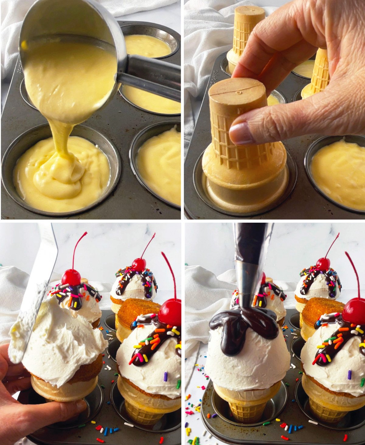 Photos showing four steps in making ice cream cone cupcakes.