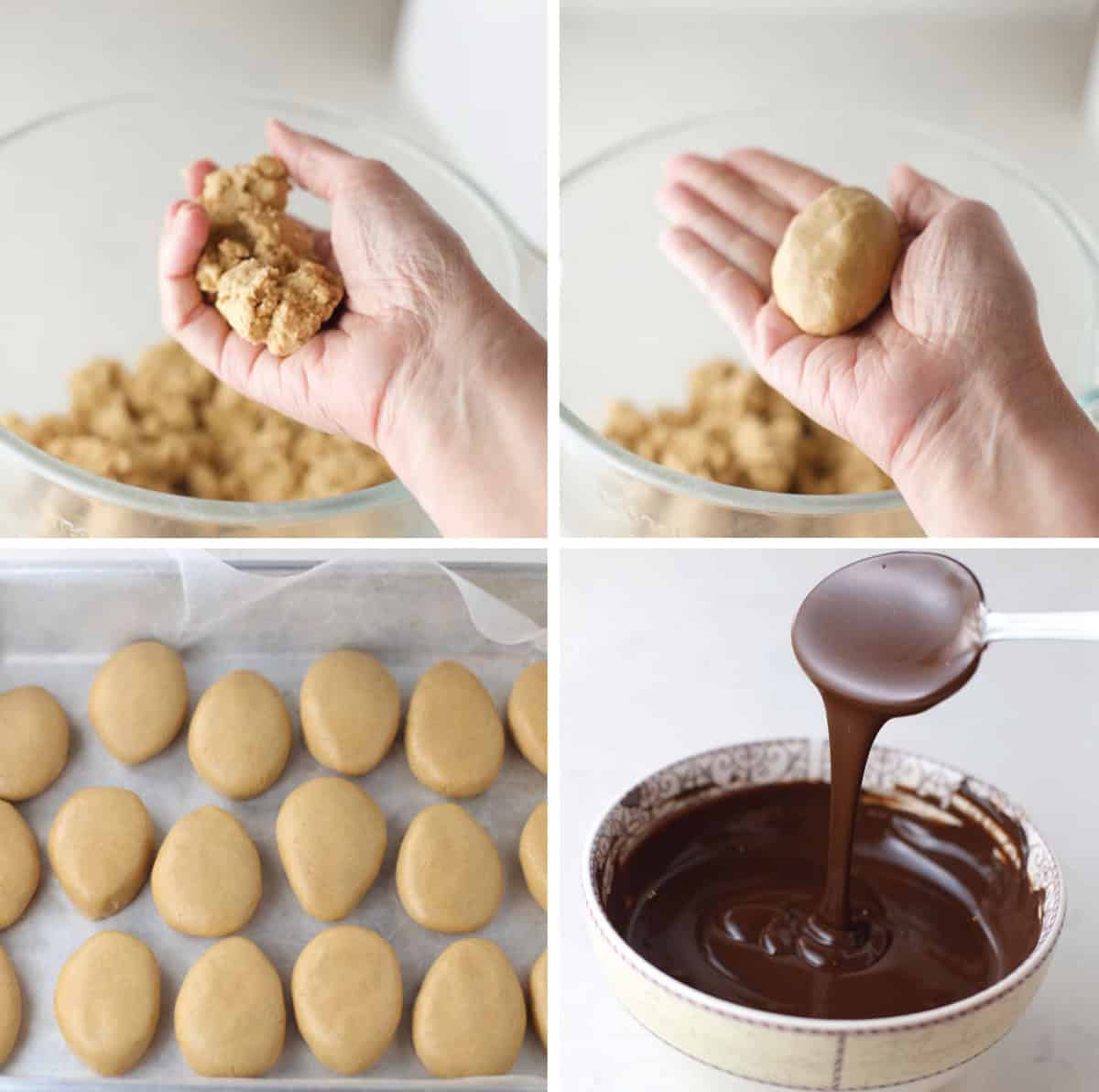 Steps showing how to make chocolate peanut butter Easter eggs.