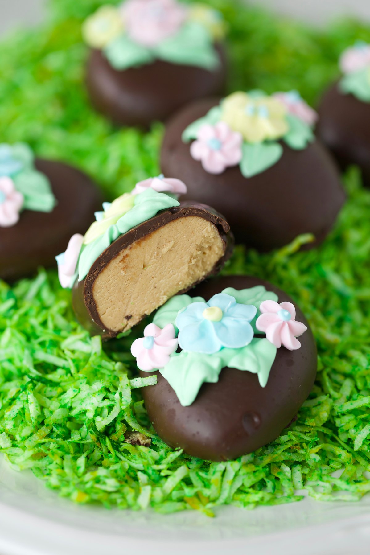 Chocolate covered copycat Reese's peanut butter egg.