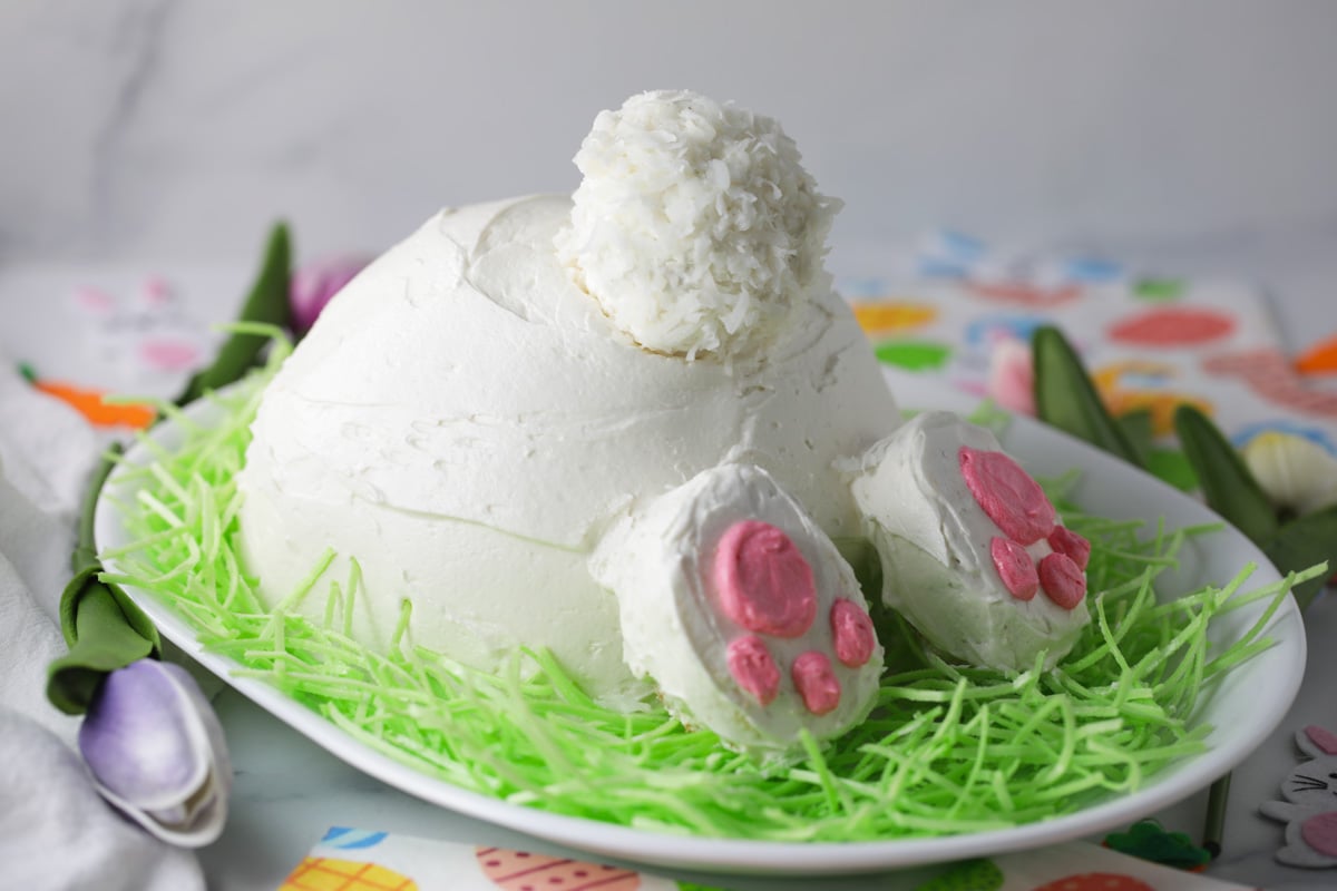 Easter bunny cake on a serving tray.