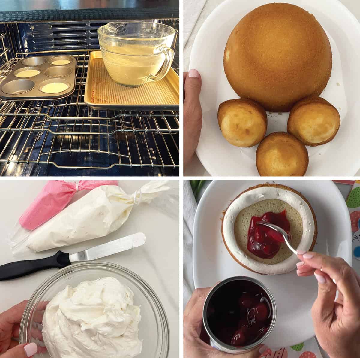 Steps showing how to make an Easter bunny cake.