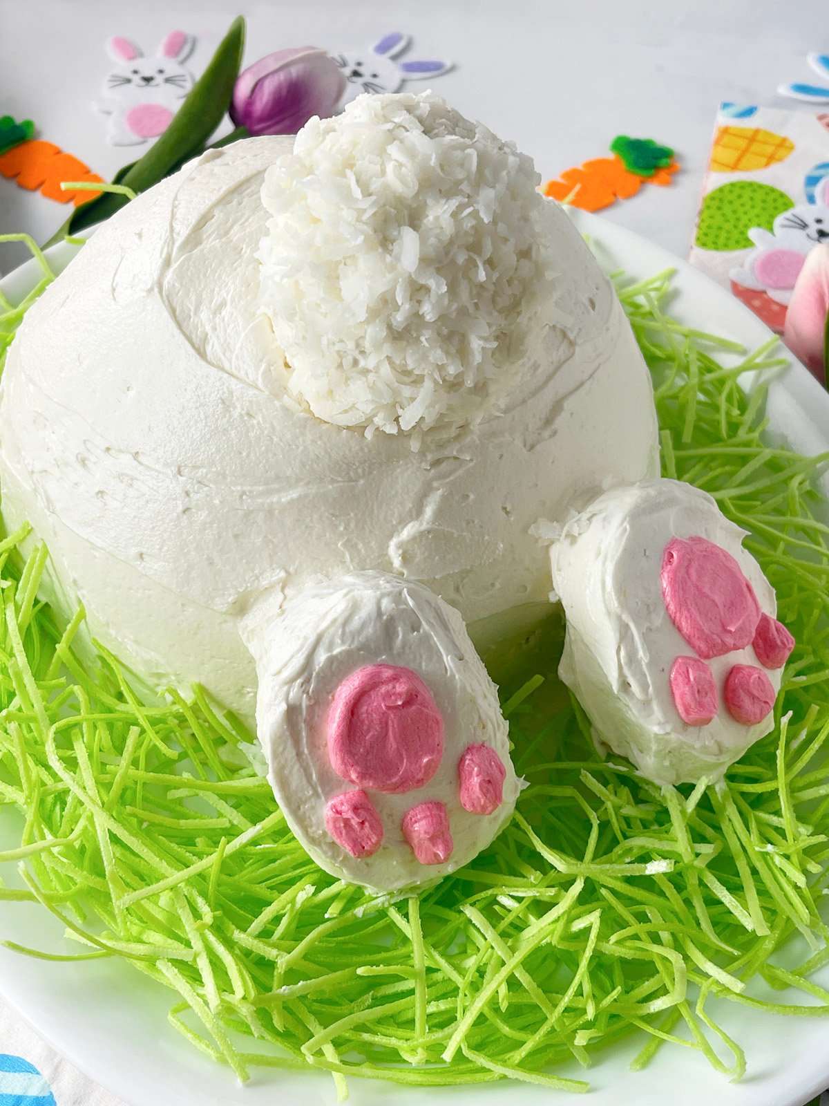 Vanilla cake that looks like a bunny butt for Easter.
