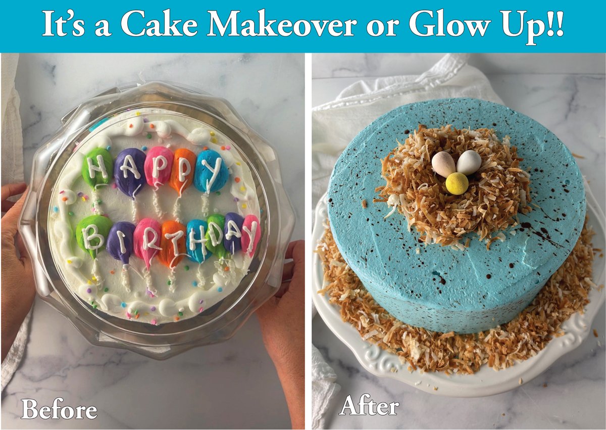 It's a cake makeover with before and after photos of a grocery store cake turned robin's egg cake.