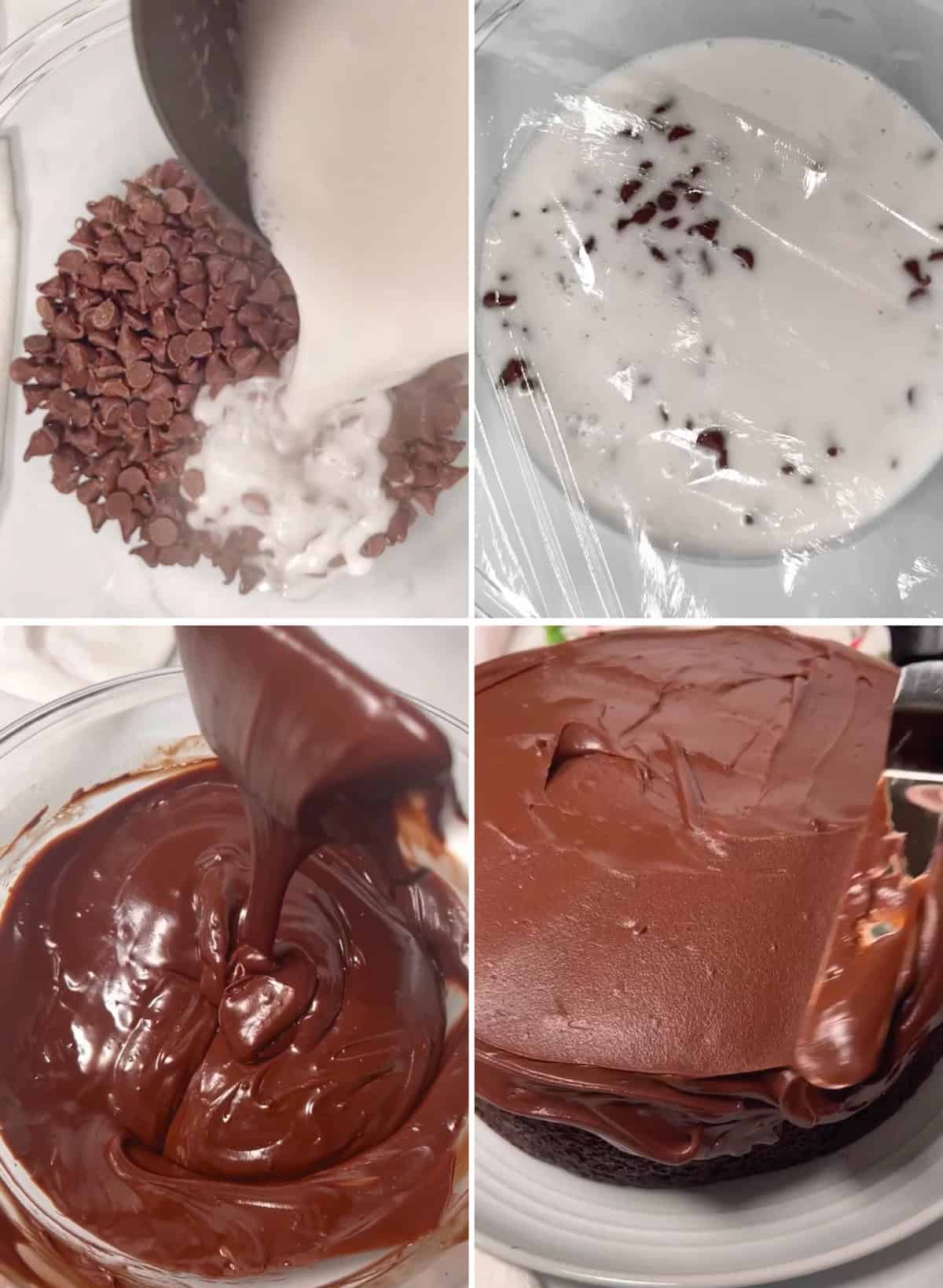 Photo steps showing how to make the best chocolate ganache frosting.