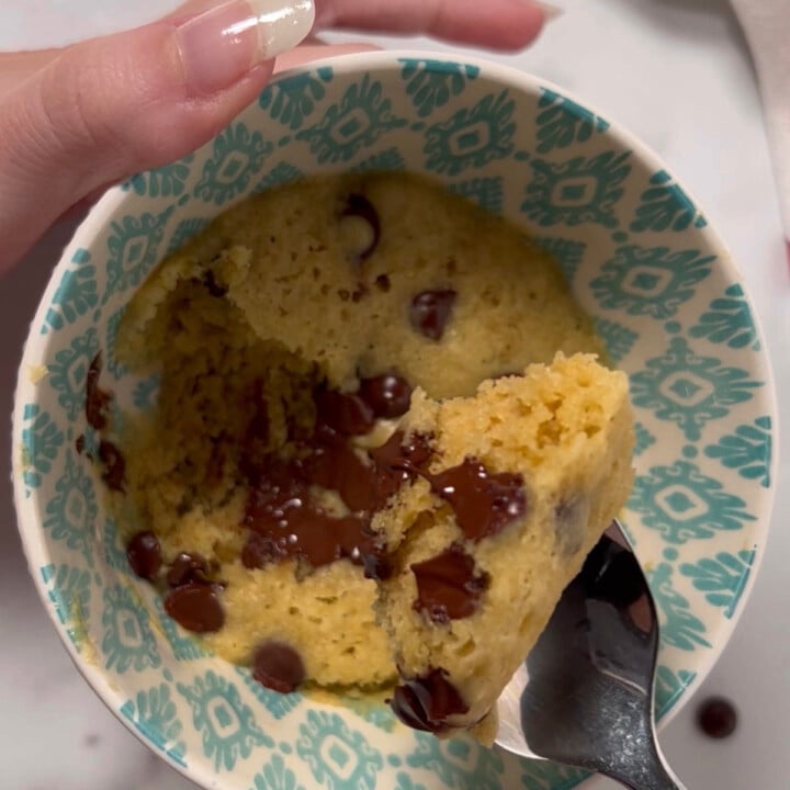 Quick easy microwave chocolate chip cookie made in a mug.