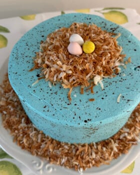Delicious robins egg Easter cake on a white plate.
