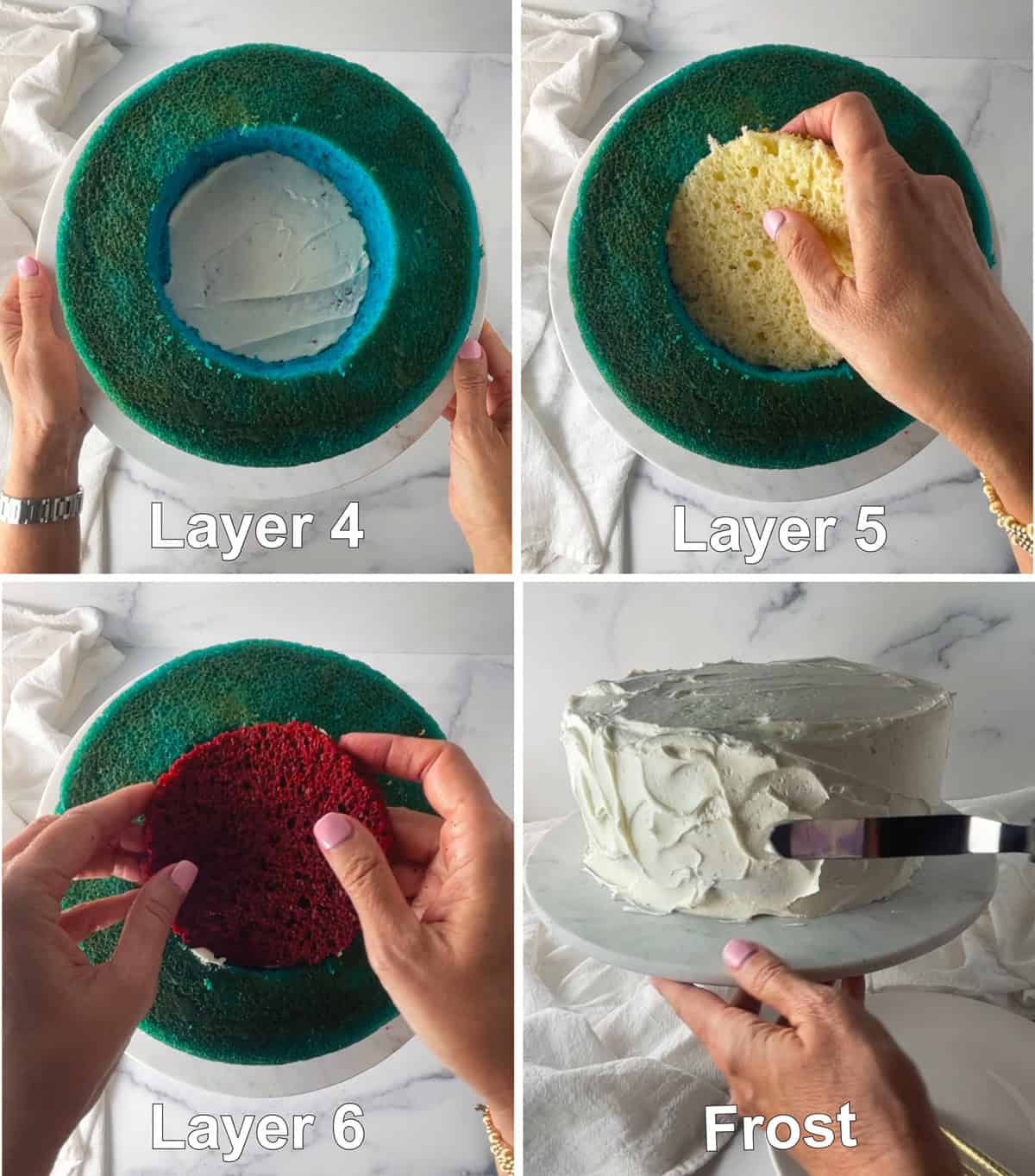 Steps showing how to make a flag design in cake layers.