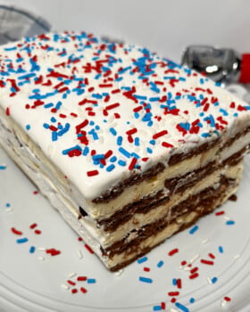 Ice cream sandwich cake with Cool Whip frosting on top.