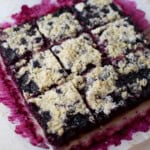 Gluten free blueberry pie bars in pan.