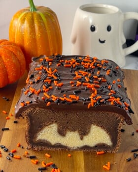 Chocolate pound cake for Halloween with surprise inside bat shape.