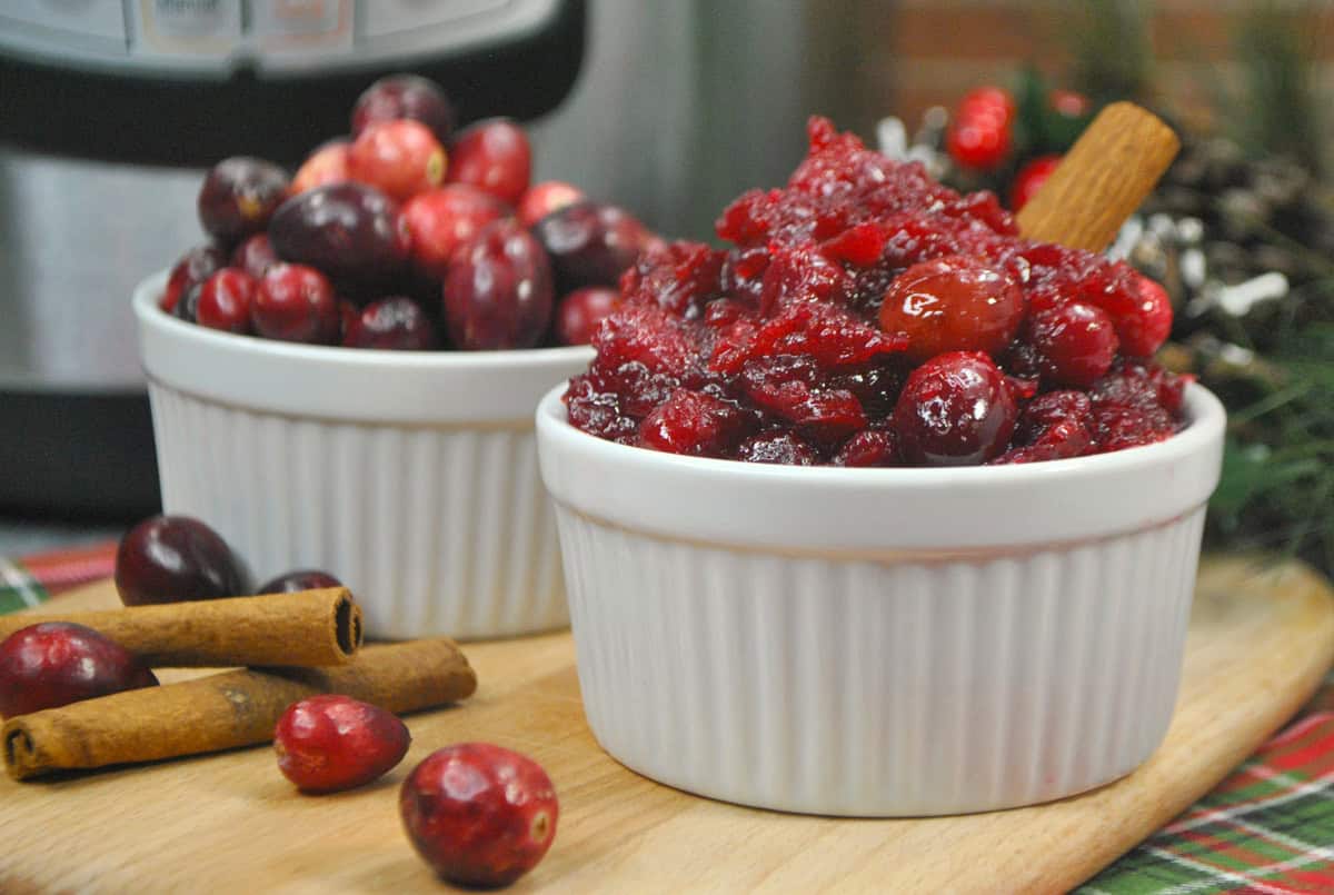 Easy instant pot cranberry sauce in a white ramekin.