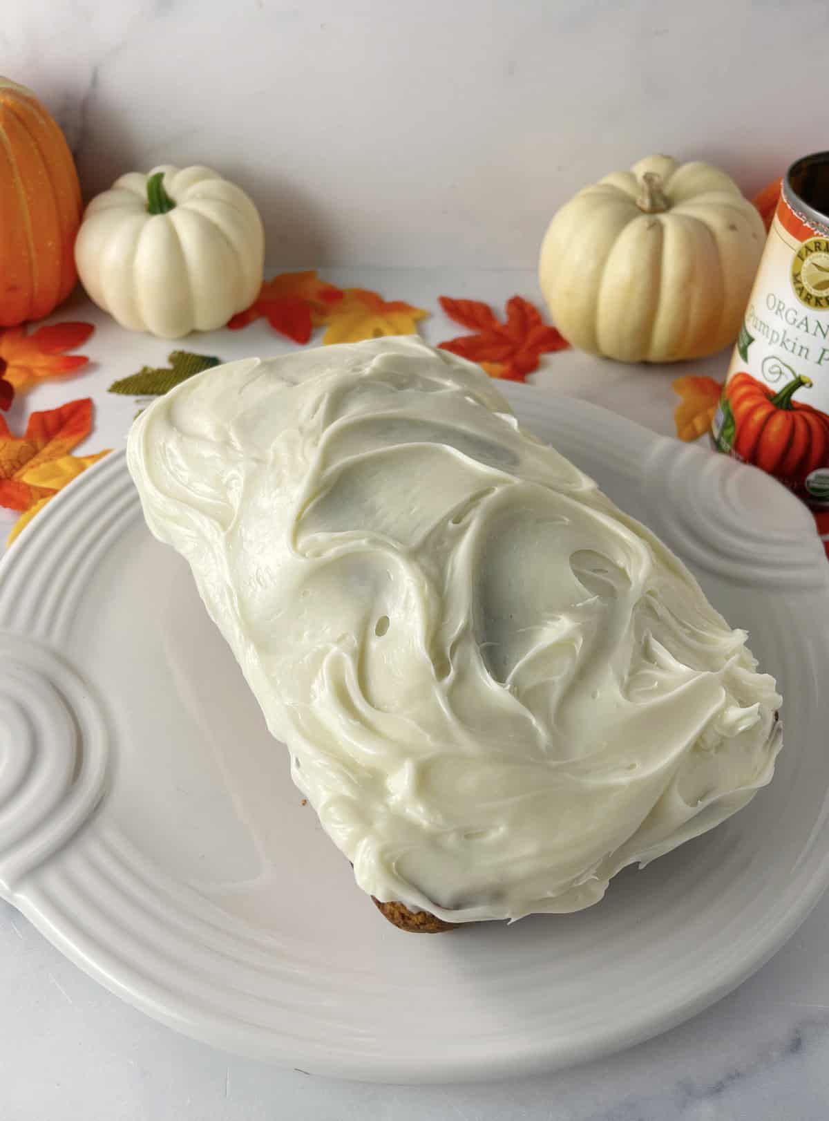 Pumpkin bread with cream cheese frosting.