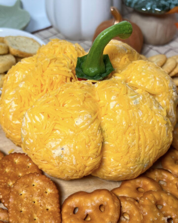 Cheese ball shaped to look like a small pumpkin.