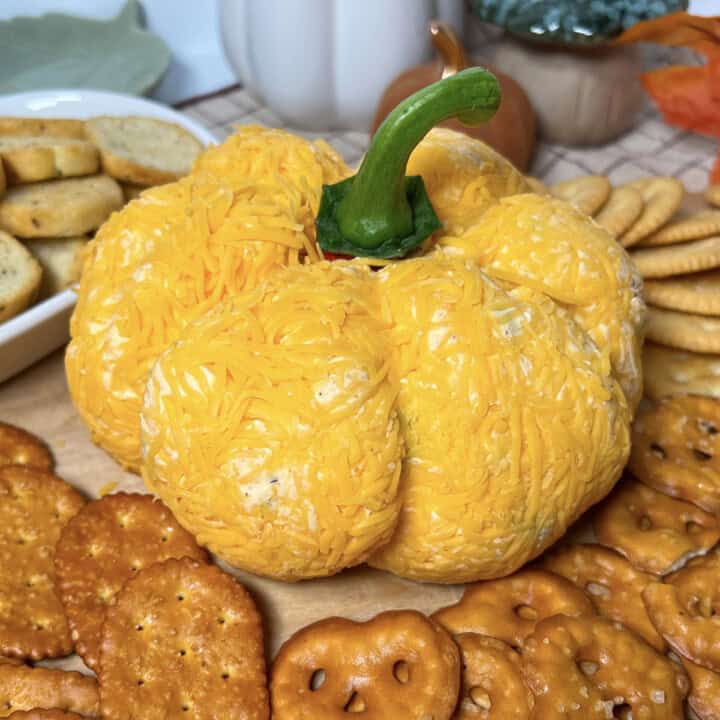 Cheese ball shaped to look like a small pumpkin.