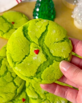 Grinch Christmas cookies made with cake mix.