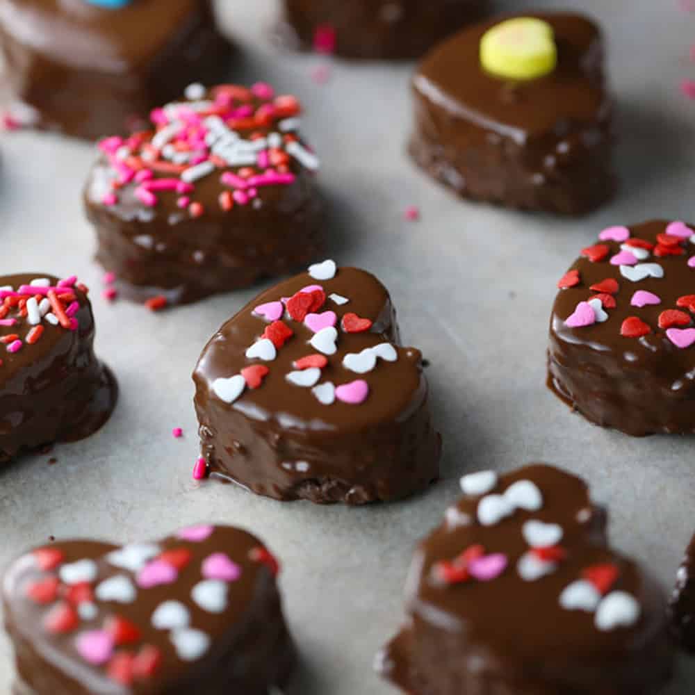 Heart shaped chocolate cake bites.