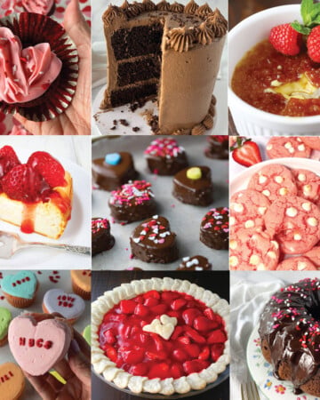 Nine different photos of valentine themed desserts.