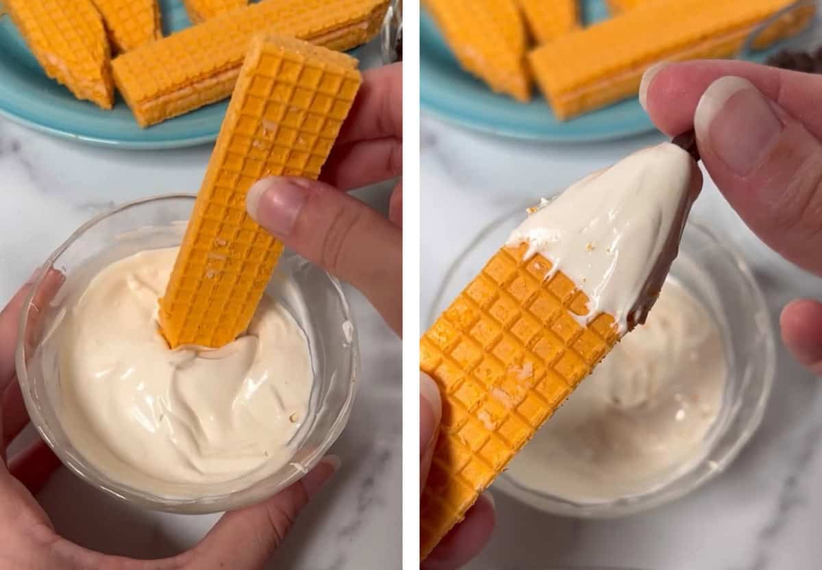 Collage showing dipping wafer cookies in white candy melts and adding a mini chocolate chip to make a pencil tip.