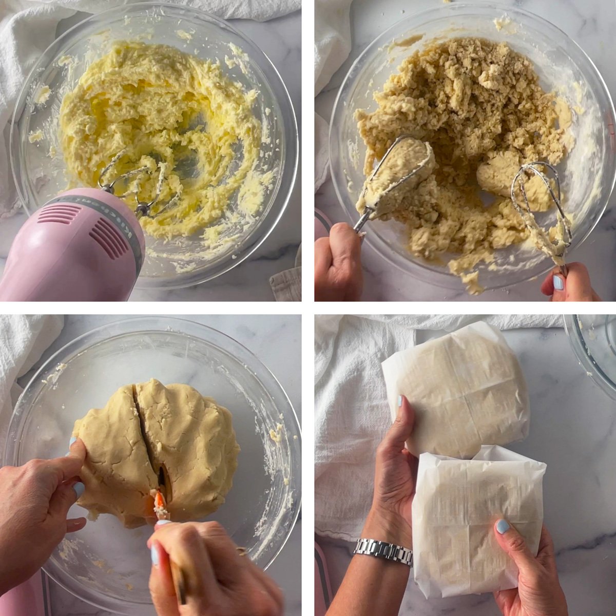 Step-by-step photos showing how to make cookie dough: butter and sugar creamed together, eggs and vanilla mixed in, flour added, and the finished dough scooped and ready to bake.