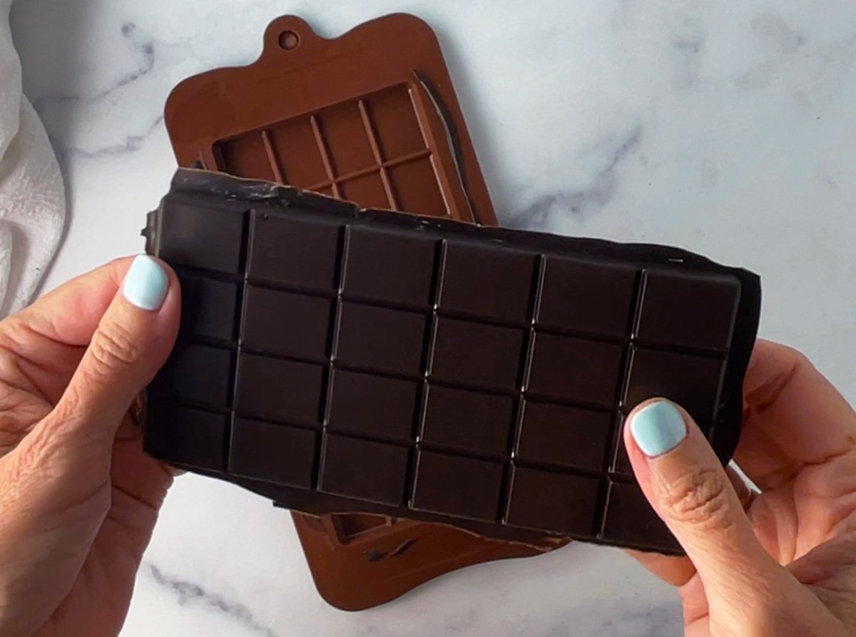 DIY Dubai pistachio chocolate bar freshly removed from the mold.