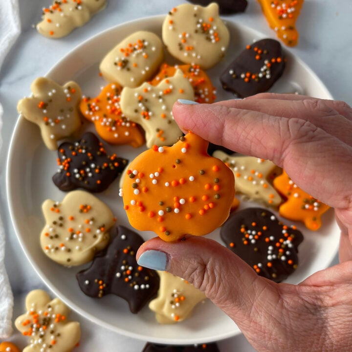 Frosted animal cookies in festive Halloween colors arranged on a plate.
