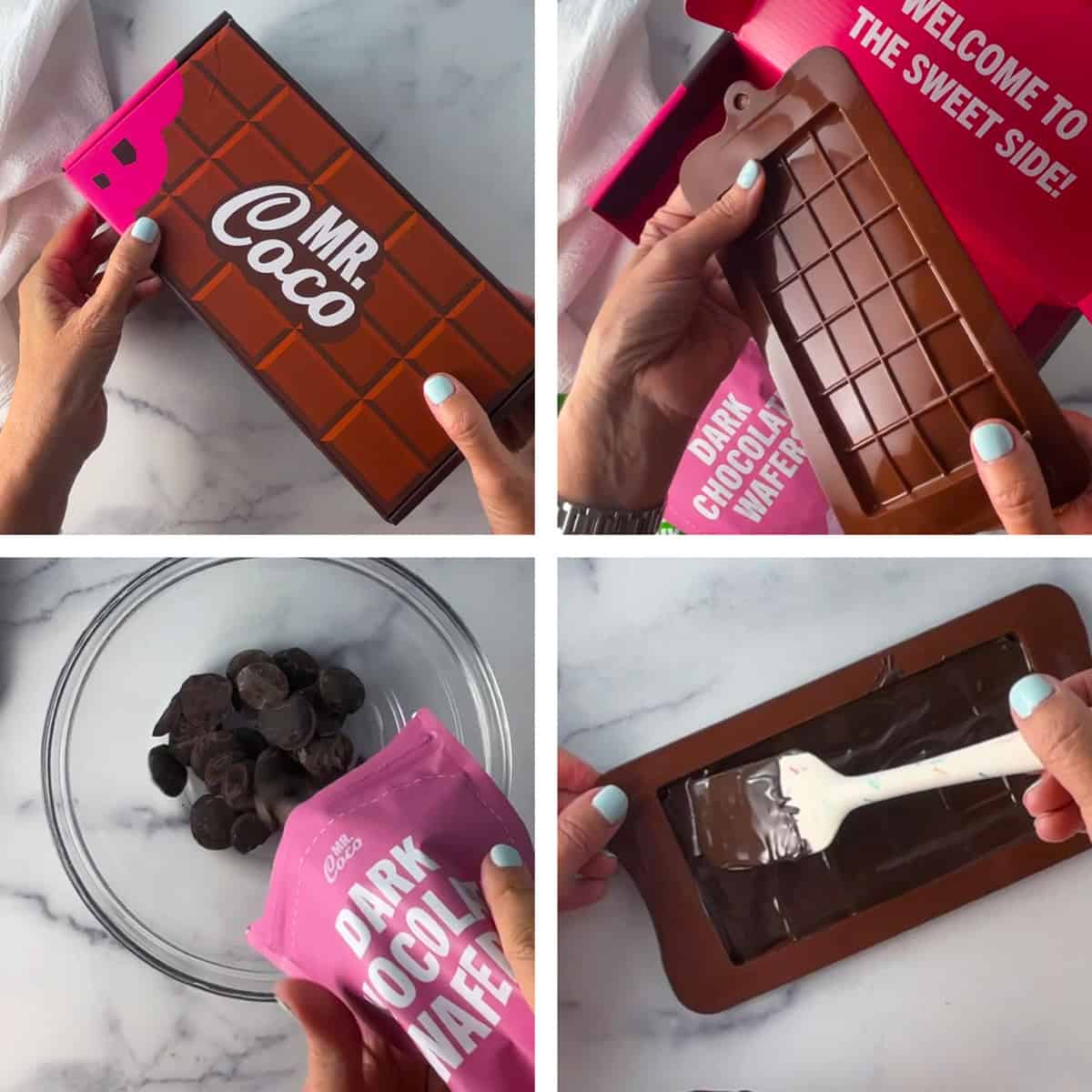 Four photos demonstrating the process of melting chocolate and filling a Dubai chocolate mold at home.
